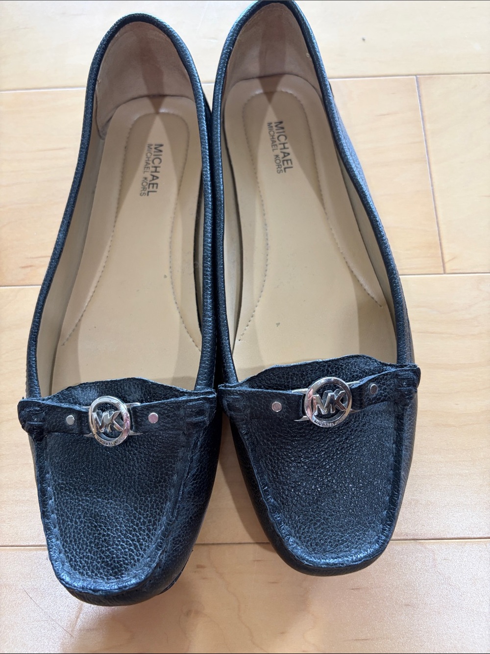 Michael Kors Black Leather Moccasin Loafers with Silver MK Accent Size 7.5